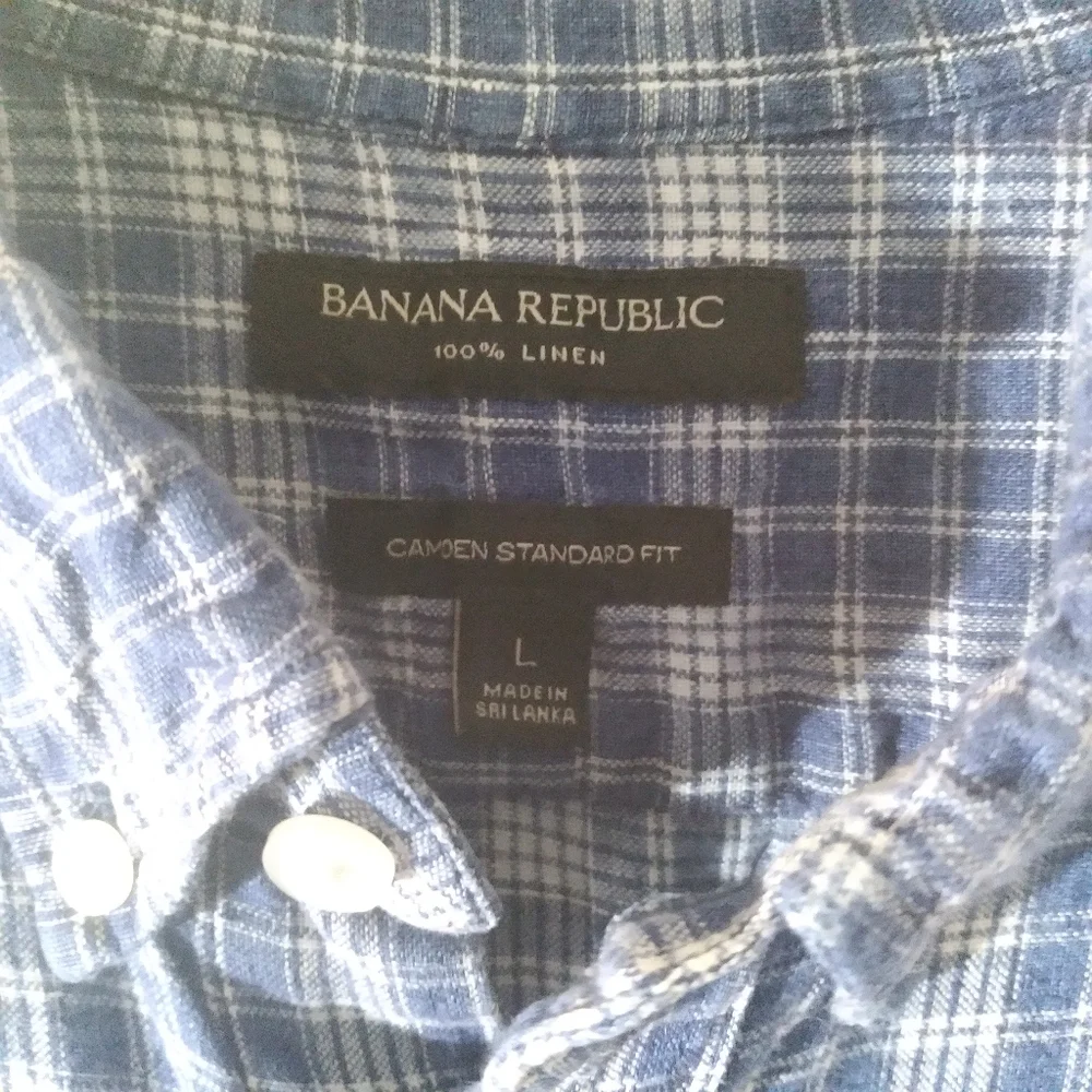 Banana Republic Linen Short Sleeve Camp Shirt Camden Blue Plaid‎ Mens Large